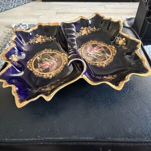 Limoges Blue and Gold Leaf-Shaped Dish